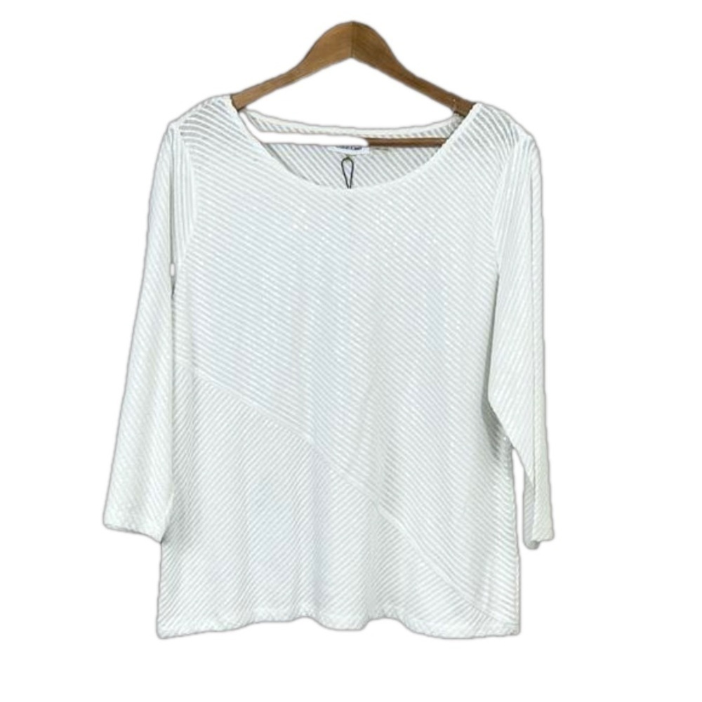 CALVIN KLEIN Women's White 3/4 Sleeve Crewneck Sequin Pullover Top XL Holiday